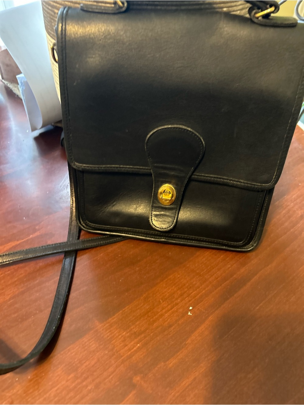 Coach Black Leather Messenger Bag with Gold Turn-Lock